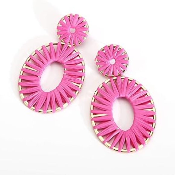 Big Hot Pink Oversized Wicker Oval Hoop Earrings Boho Vacation Rattan Raffia New - Picture 2 of 4
